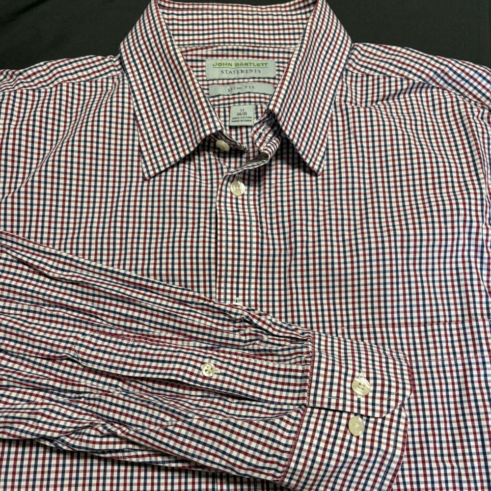 John Bartlett Statements Mens 17 34/35 Slim Fit Red Blue Check Button Down Shirt